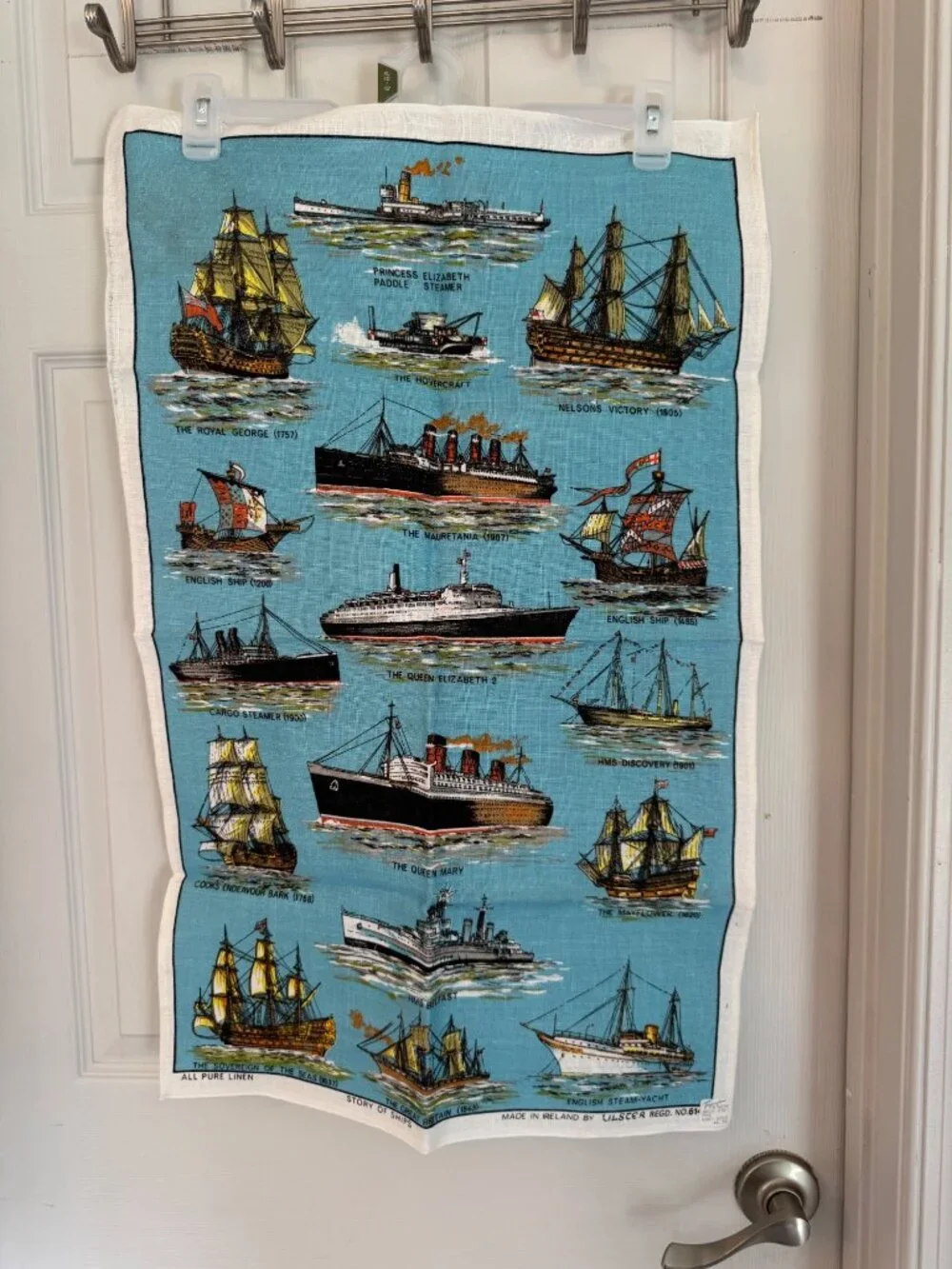 Story Of Ships Vintage Linen Tea Towel Ulster Ireland 30x19 Blue Nautical Theme